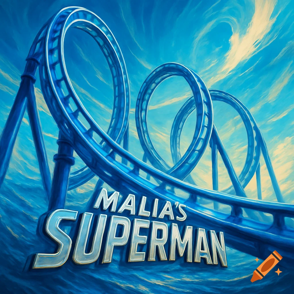 A stylized illustration of a blue rollercoaster with multiple loops, featuring the text MALIA'S SUPERMAN under a bright blue sky.