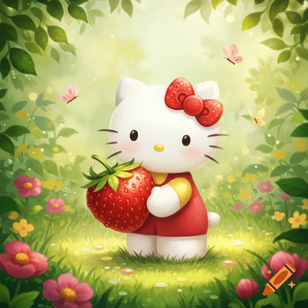 Cute cartoon Hello Kitty holding a large strawberry in a vibrant green meadow with colorful flowers and butterflies.