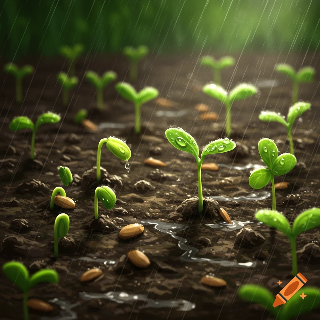 Close-up of young green plant sprouts emerging from dark soil with water droplets and rain falling.