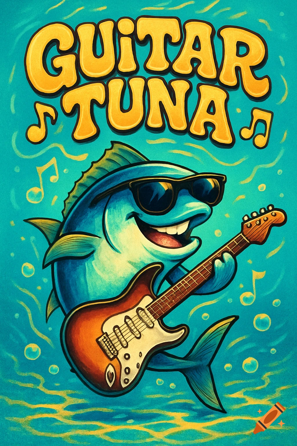 Vibrant cartoon illustration of a smiling tuna in sunglasses playing an electric guitar underwater, with 'GUITAR TUNA' text.
