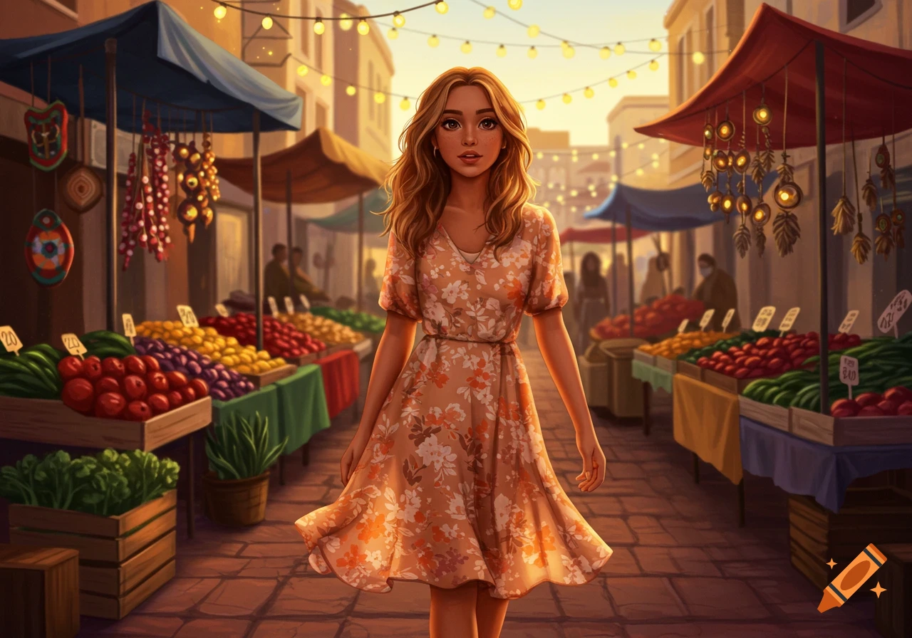 A young woman in a floral dress walks through a vibrant outdoor market with stalls full of colorful produce, in a warm illustration style.