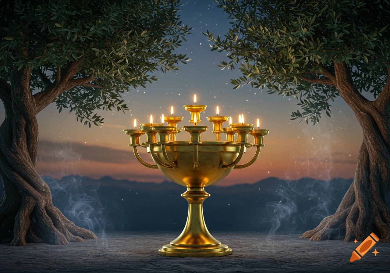 A large golden multi-branched candlestick with lit candles between two gnarled olive trees under a starry twilight sky.
