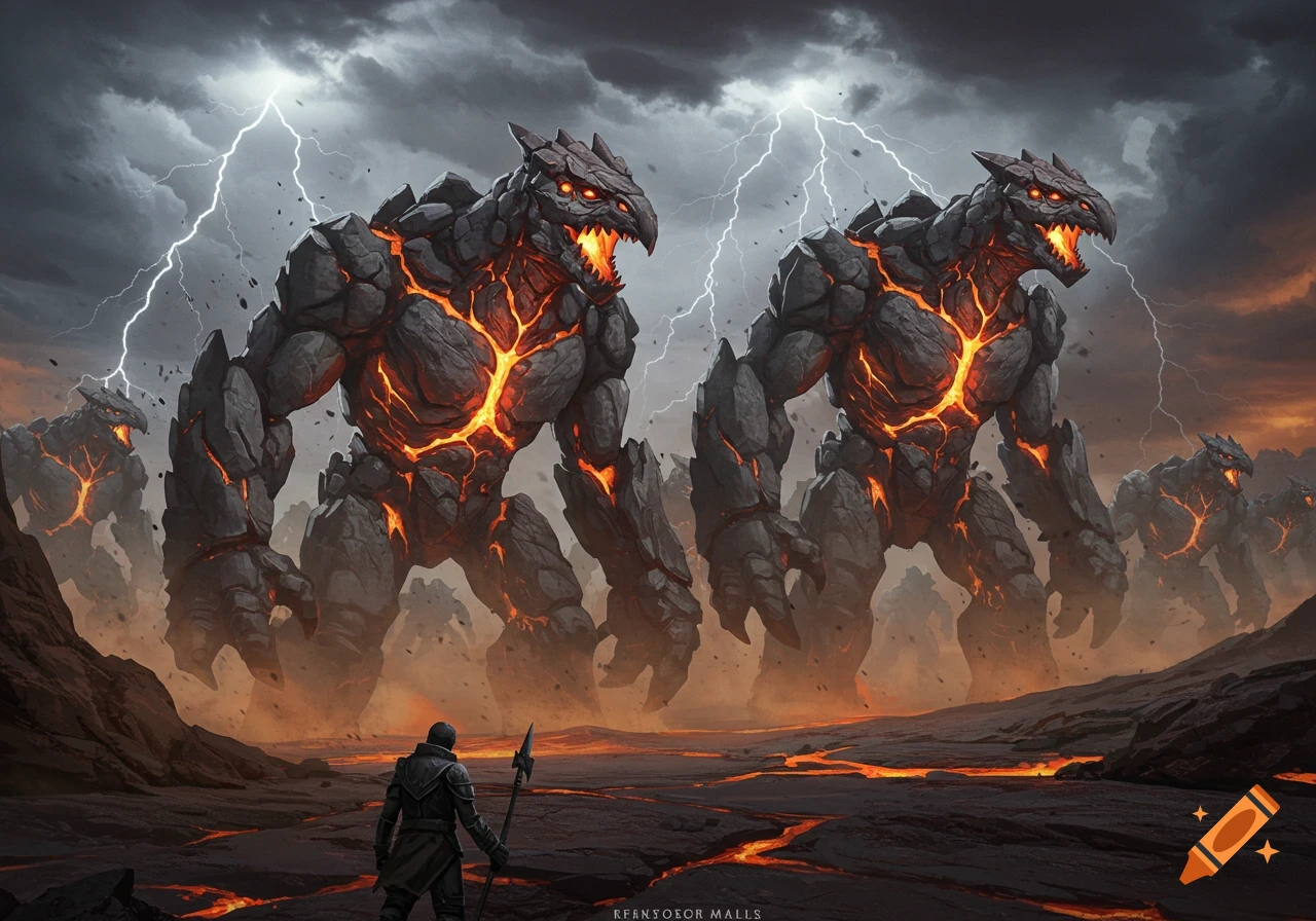 A lone warrior faces colossal rock and lava monsters under a stormy, lightning-filled sky on a desolate landscape.