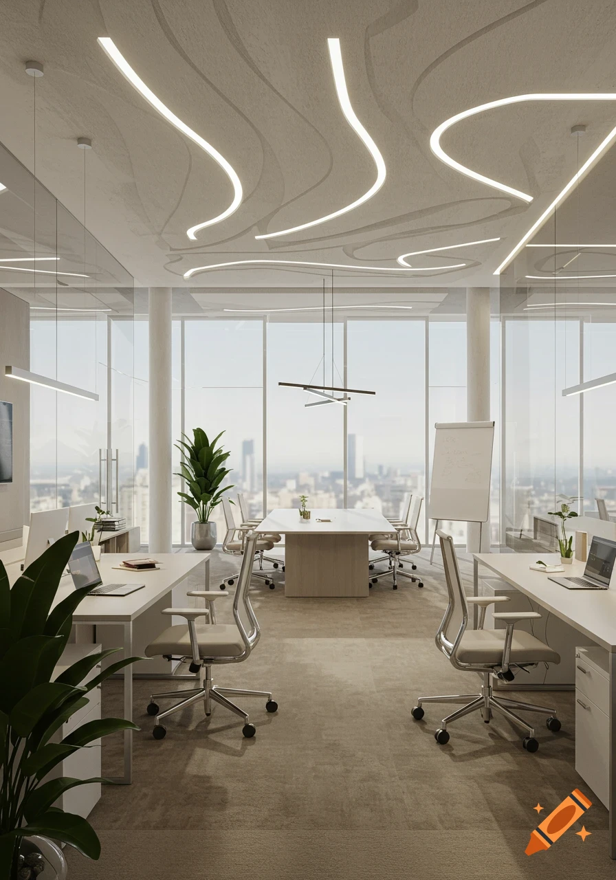 Modern office interior with large windows overlooking a city skyline, sleek desks, ergonomic chairs, a meeting table, and wavy ceiling lights.