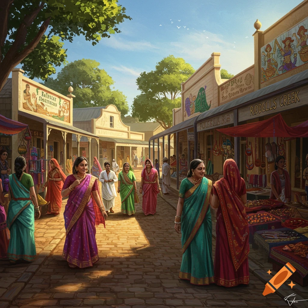 A vibrant street scene in a country town, bustling with people in colorful traditional Indian attire walking on a cobblestone street lined with shops under a sunny sky.