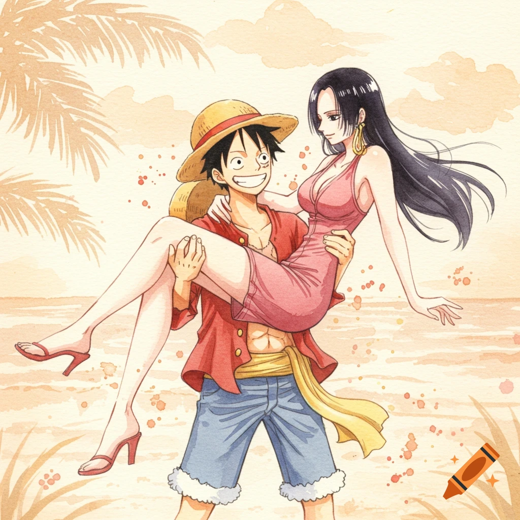 Luffy carries Hancock in his arms on a sunny beach, depicted in a warm watercolor painting style.