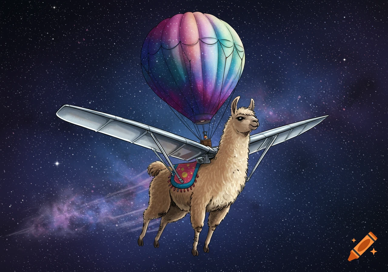 A cartoon llama flies through a starry space, propelled by mechanical wings and a rainbow hot air balloon attached to its back.