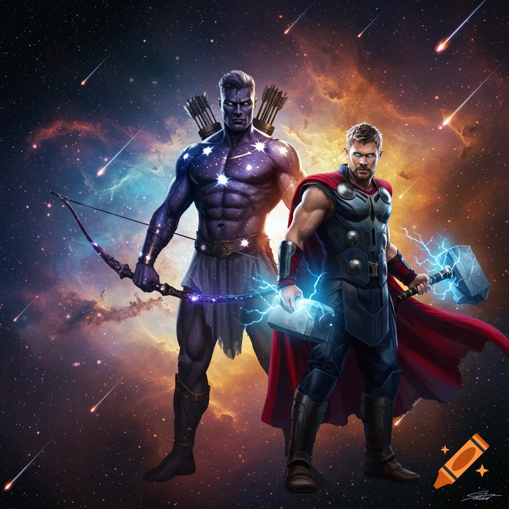 A cosmic archer covered in stars stands next to Thor, who wields a lightning-charged Mjolnir, against a vibrant starry nebula.