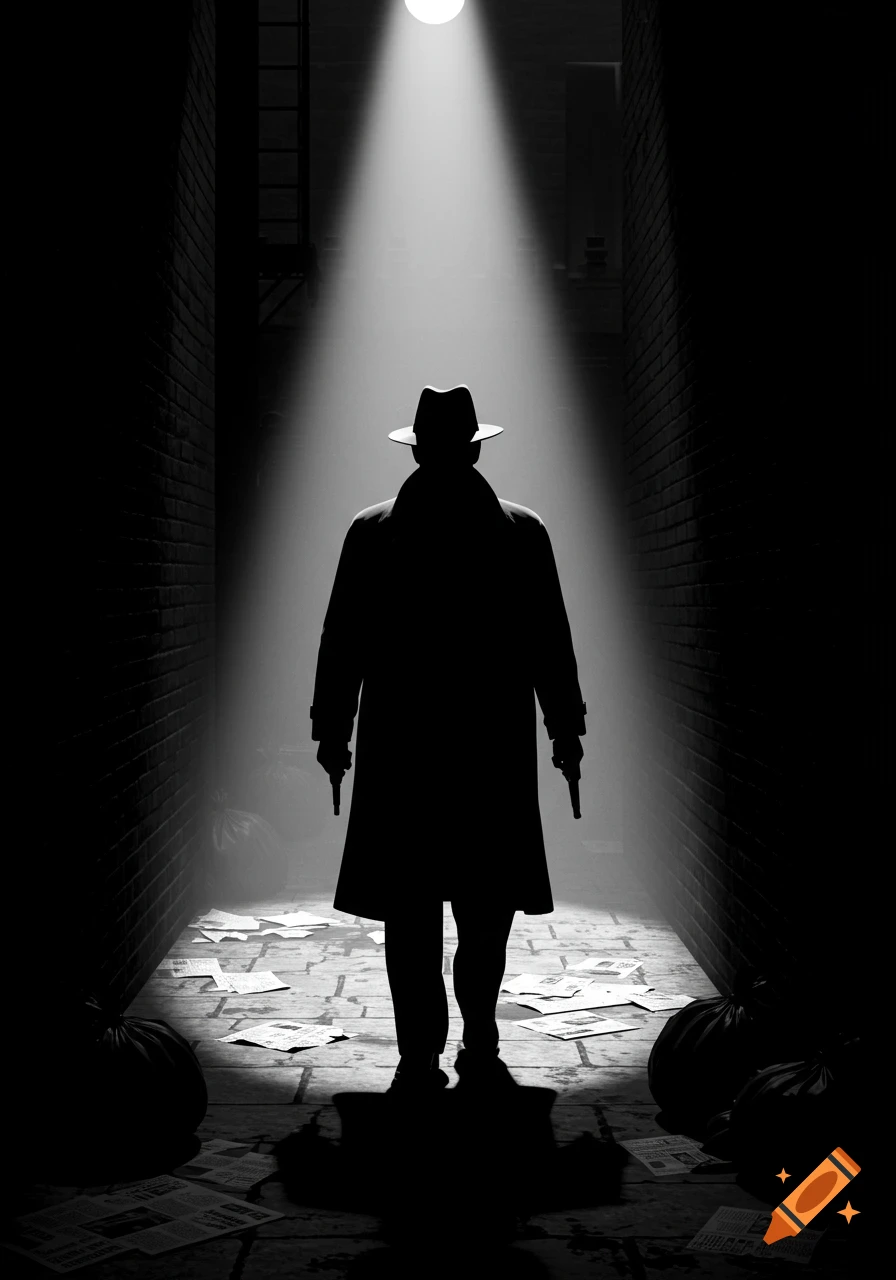 A silhouetted detective in a trench coat and fedora, holding two pistols, stands in a dark alley illuminated by a single spotlight from above. Papers and trash litter the ground.