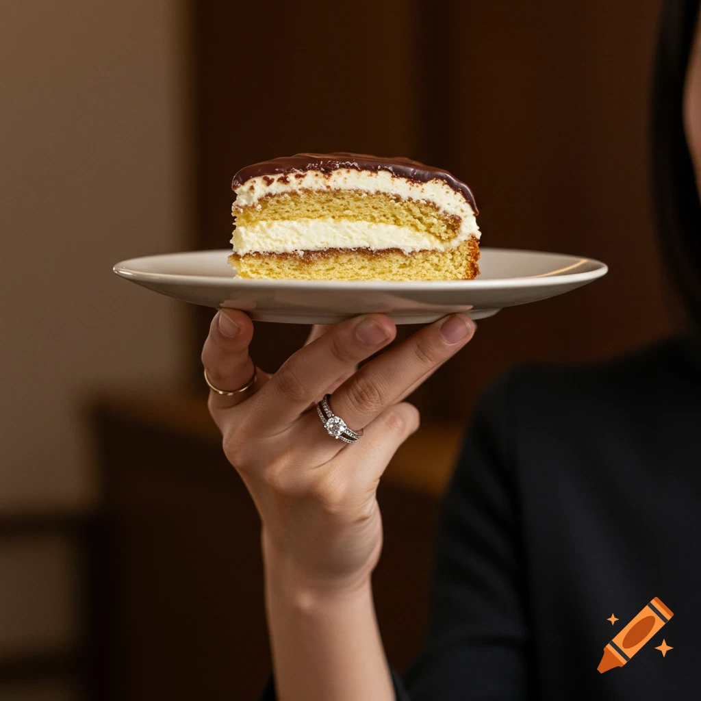 A photorealistic close-up of a hand wearing rings holding a plate with a slice of Boston cream pie.