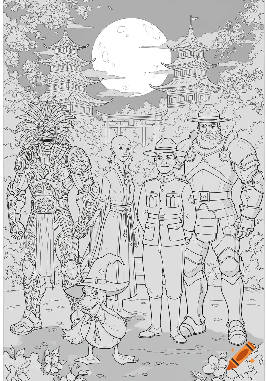 Grayscale line art of five diverse fantasy characters and a duck with a wizard hat, standing in an Asian-inspired landscape with temples and cherry blossoms under a full moon.