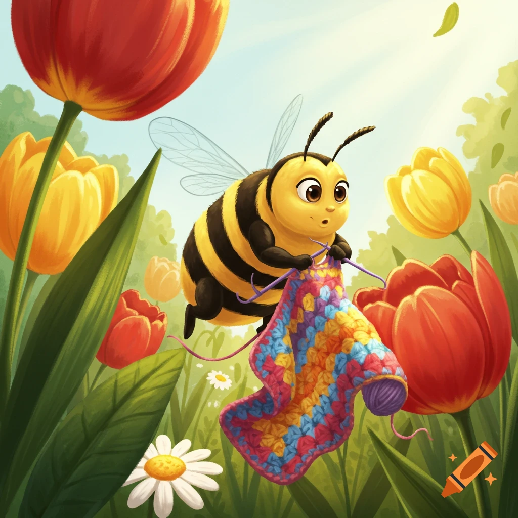A cute cartoon bee flies among red and yellow tulips, diligently crocheting a colorful blanket. Illustrative style.