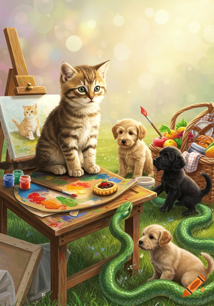 A tabby kitten sits on an art palette by an easel. Puppies and a green snake are on the grass with a picnic basket in a sunny field. Colorful illustration.