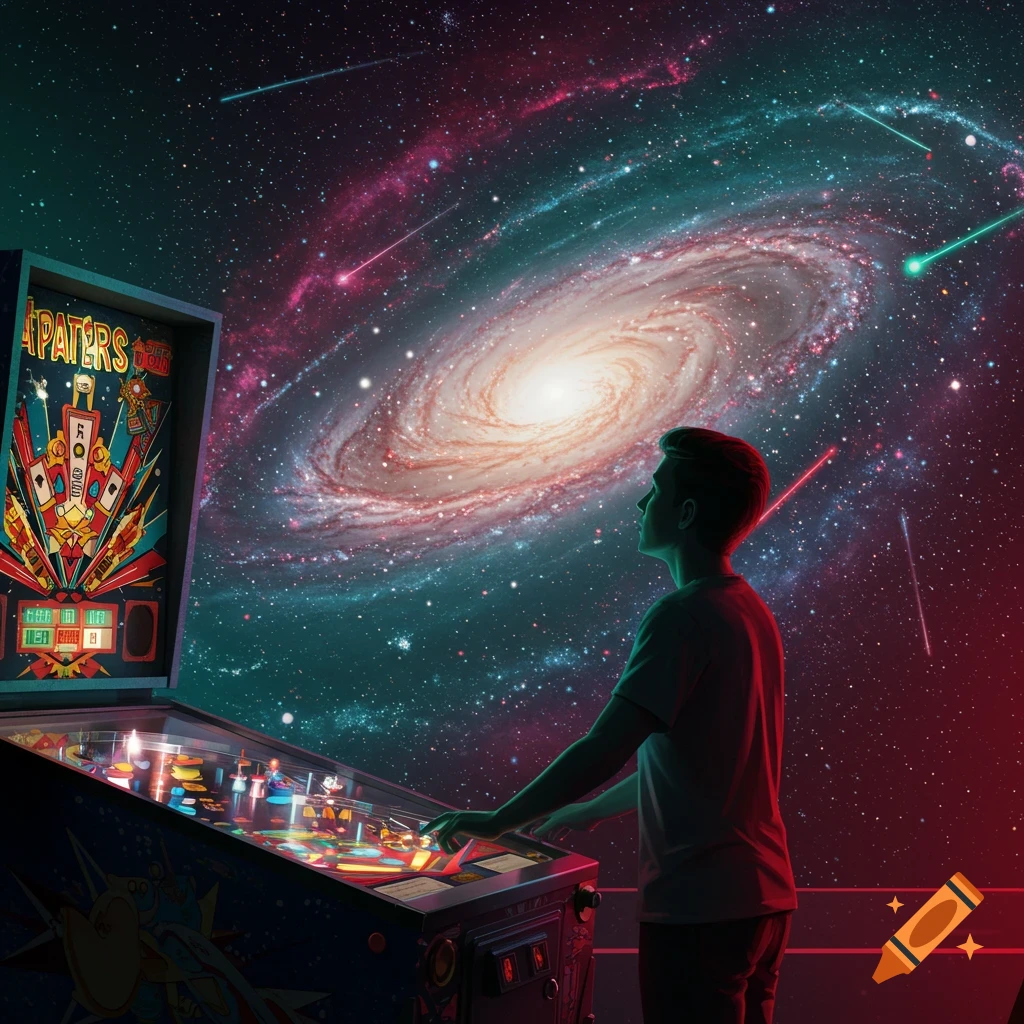 A man plays a futuristic pinball machine in a cosmic setting, with a large galaxy swirling behind him.