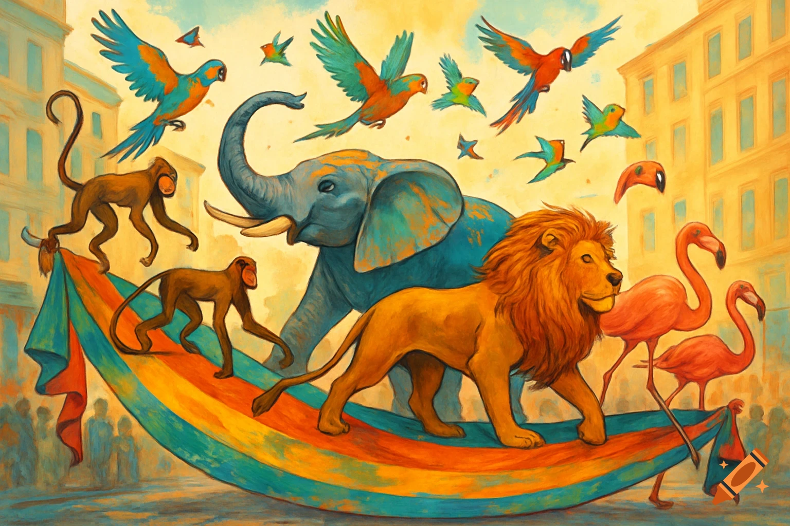 A colorful painterly illustration of an elephant, lion, monkeys, flamingos, and birds parading on a striped banner in a city street.