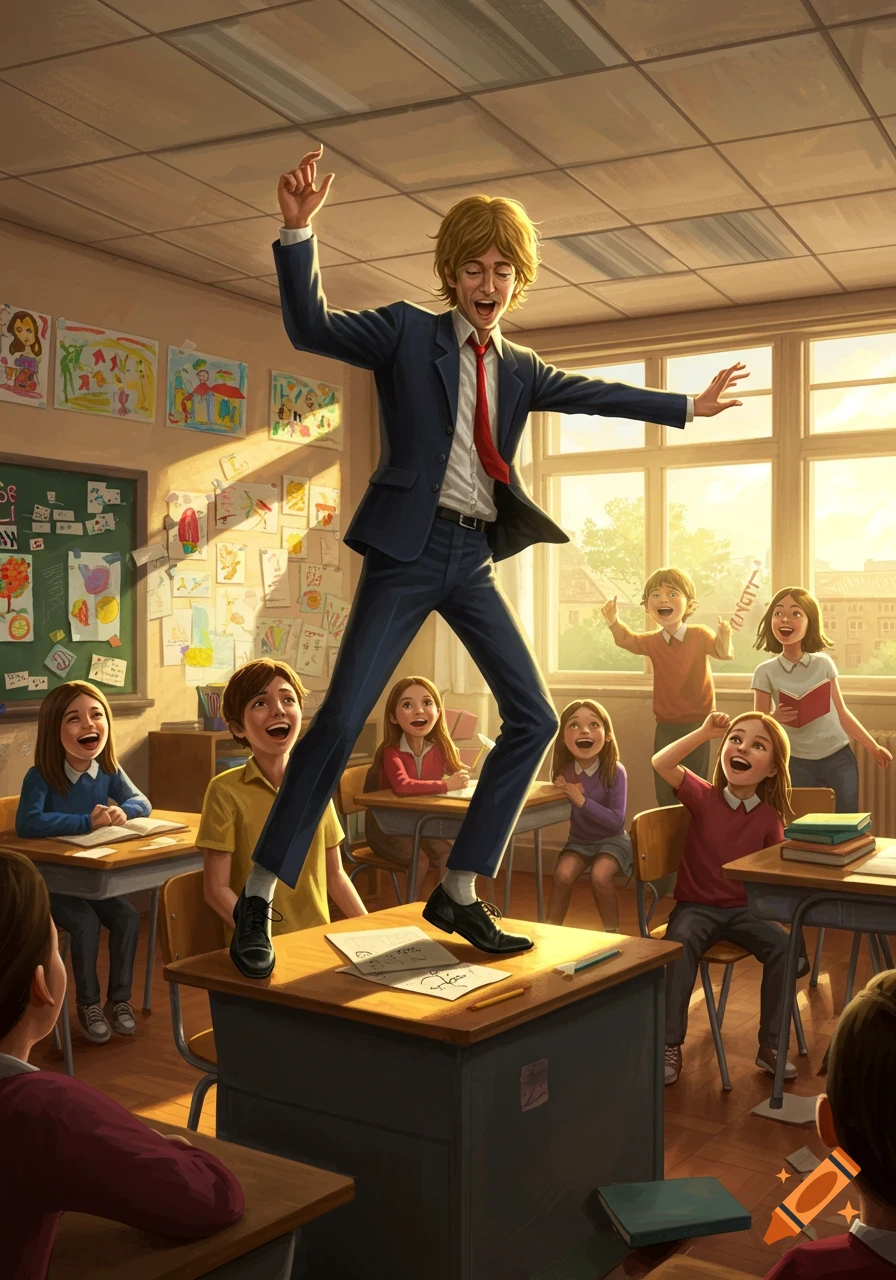 A blonde-haired man in a suit dances on a desk in a sunny classroom, surrounded by laughing children.
