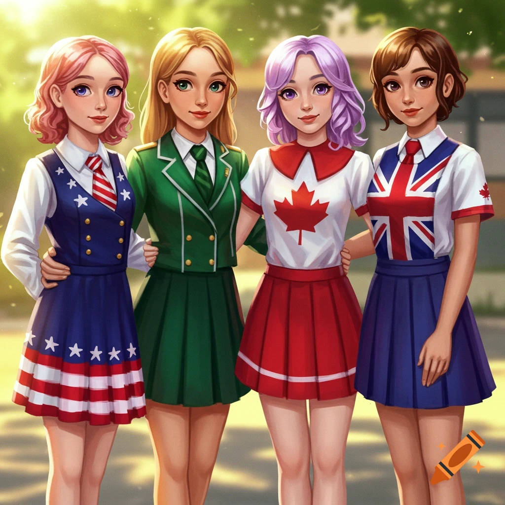 Four anime-style schoolgirls standing arm-in-arm in a sunny outdoor setting, wearing uniforms representing the USA, Canada, and UK, and a green uniform.