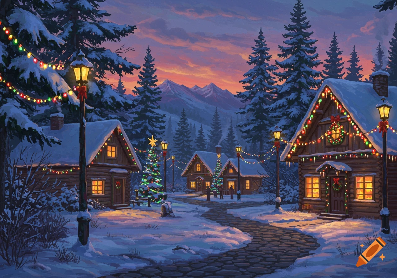 A painting of a snowy village at twilight with houses, pine trees, and lampposts adorned with bright Christmas lights, a stone path leads through the snow.