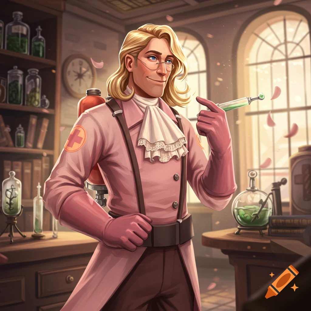 A TF2 Medic character with long blonde hair and a pink Victorian outfit holds a syringe in an old laboratory, digital art.