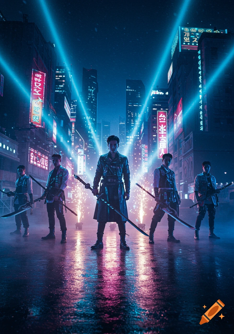 Five men in dark, tactical outfits hold swords, standing on a wet street at night in a vibrant cyberpunk city. Neon signs glow blue and pink, and sparks rise from the ground.
