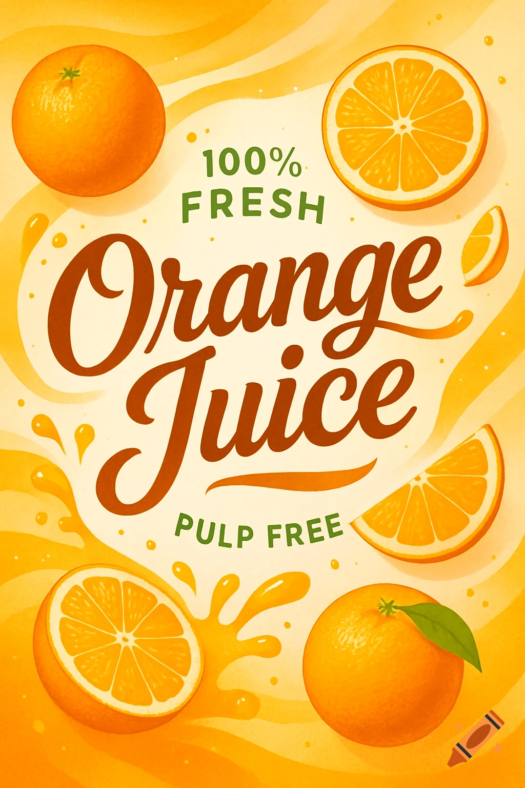 An illustrated label for '100% FRESH Orange Juice PULP FREE' with whole oranges, orange slices, and juice splatters on an orange and cream background.