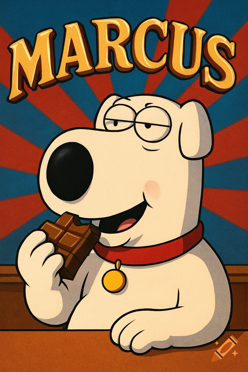 Cartoon of Brian from Family Guy eating a chocolate bar under the name MARCUS against a red and blue striped background.