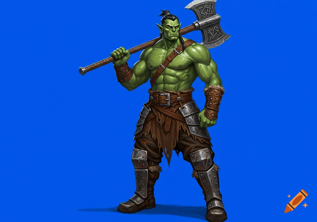 Muscular green half-orc barbarian with a greataxe over his shoulder, wearing leather and metal armor, standing against a blue background.