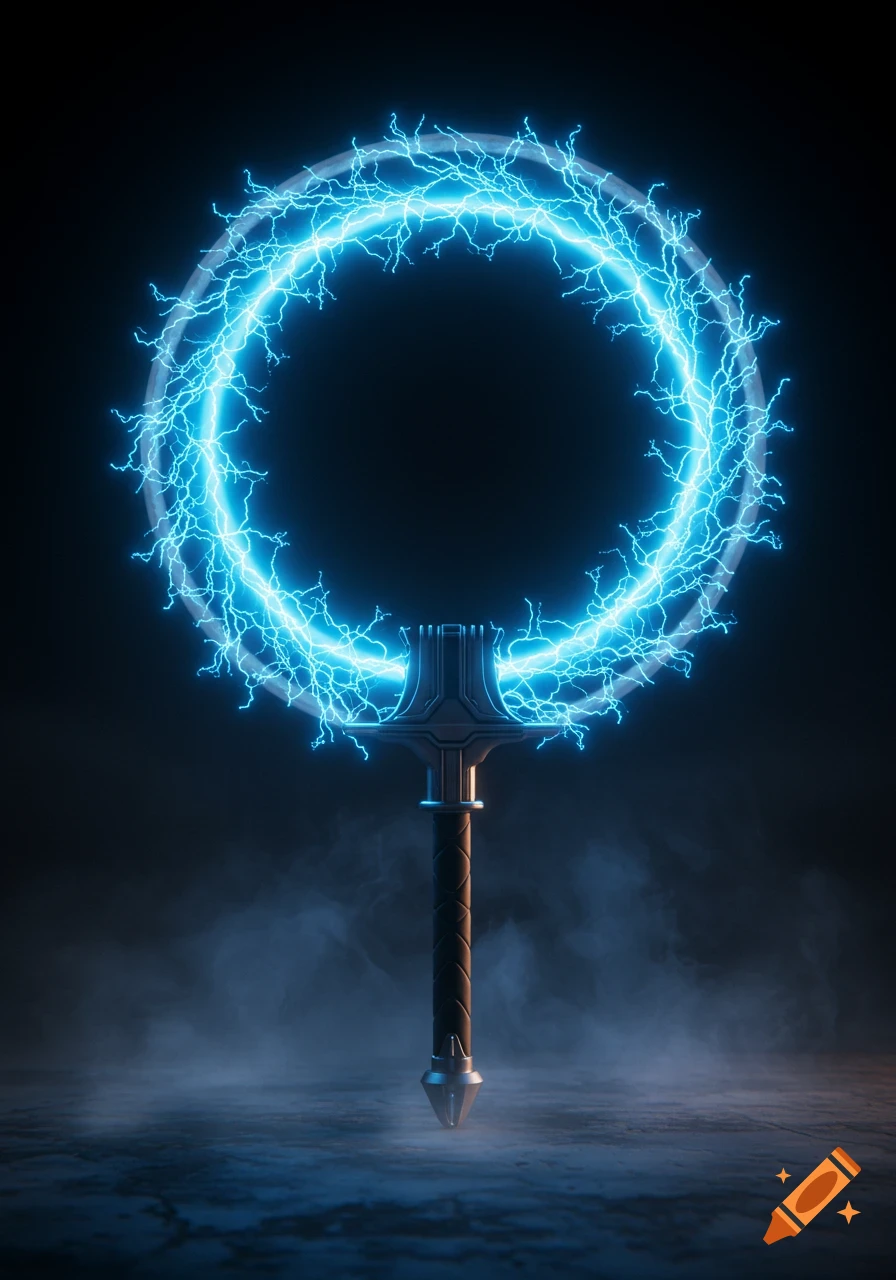 A dark gray handle with a circular blade made of bright blue electricity and lightning, standing on a misty, dark surface.