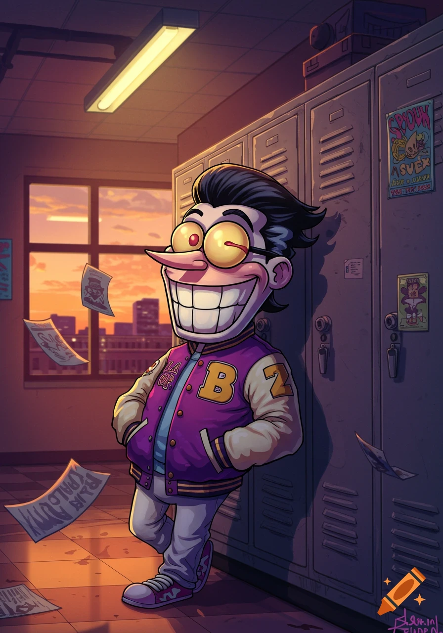 A stylized cartoon character in a purple varsity jacket leans on school lockers at sunset, with papers floating in the hallway.