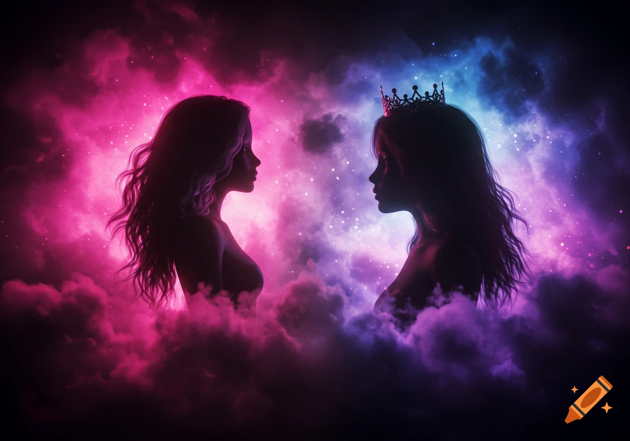 Two female silhouettes, one with a crown, face each other amid vibrant pink, purple, and blue cosmic clouds with stars.