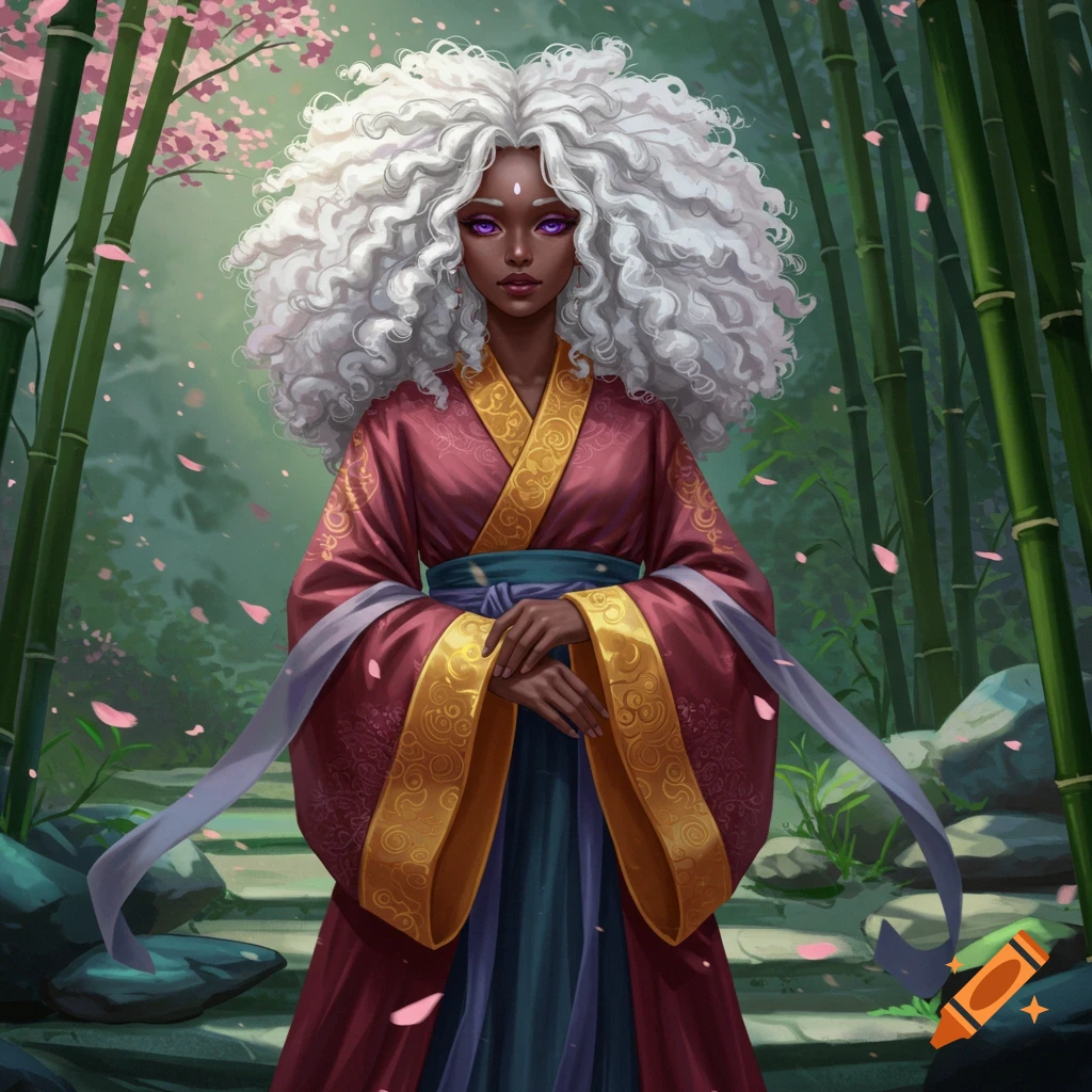 Illustrated fantasy art of a dark-skinned woman with large coily white hair and purple eyes, wearing a red and gold hanfu, standing in a bamboo forest with pink blossoms.