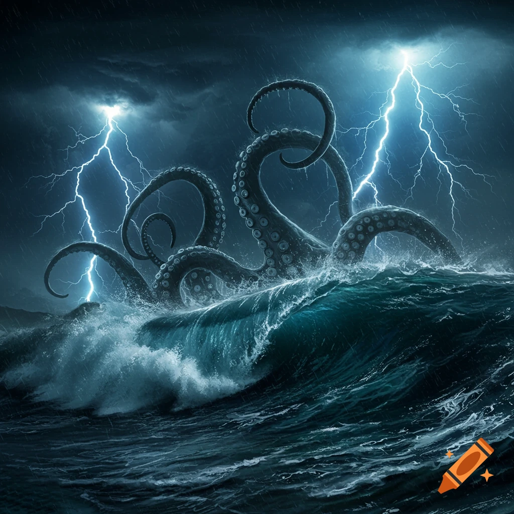 Giant kraken tentacles emerge from dark, stormy ocean waves under a lightning-filled sky.