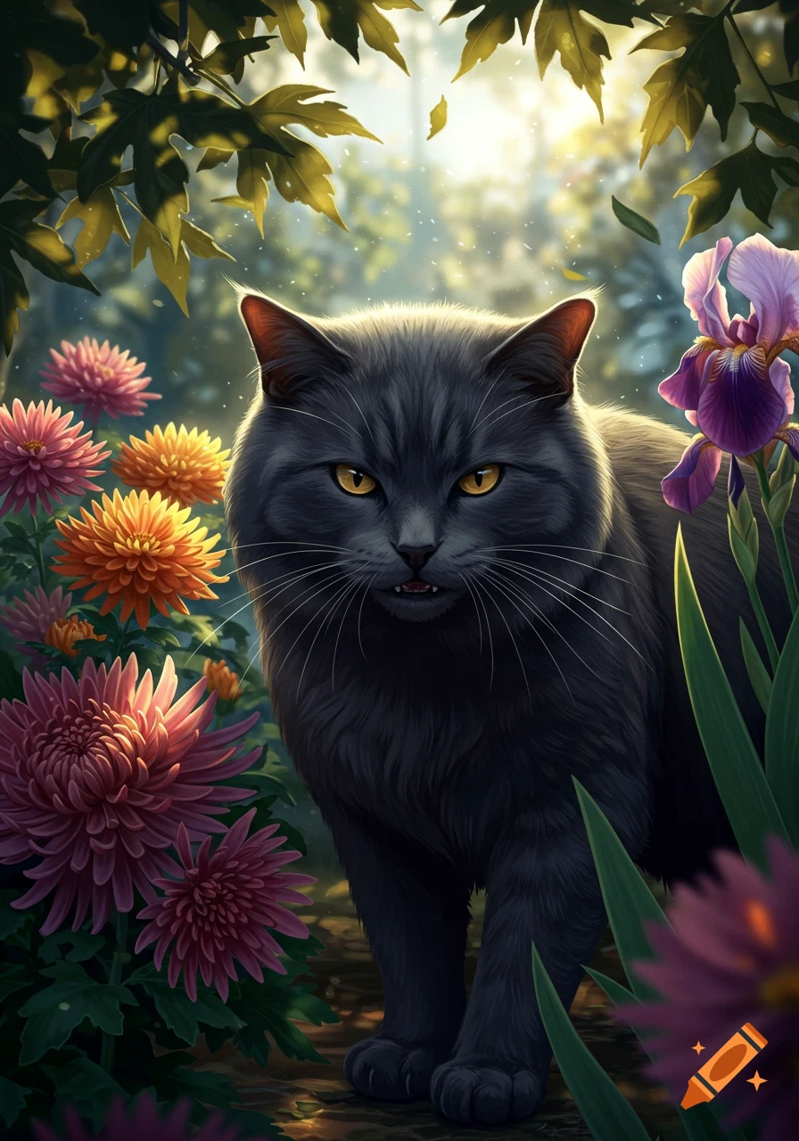 A fluffy black cat with glowing yellow eyes snarls softly from a garden filled with vibrant pink, orange, and purple flowers.