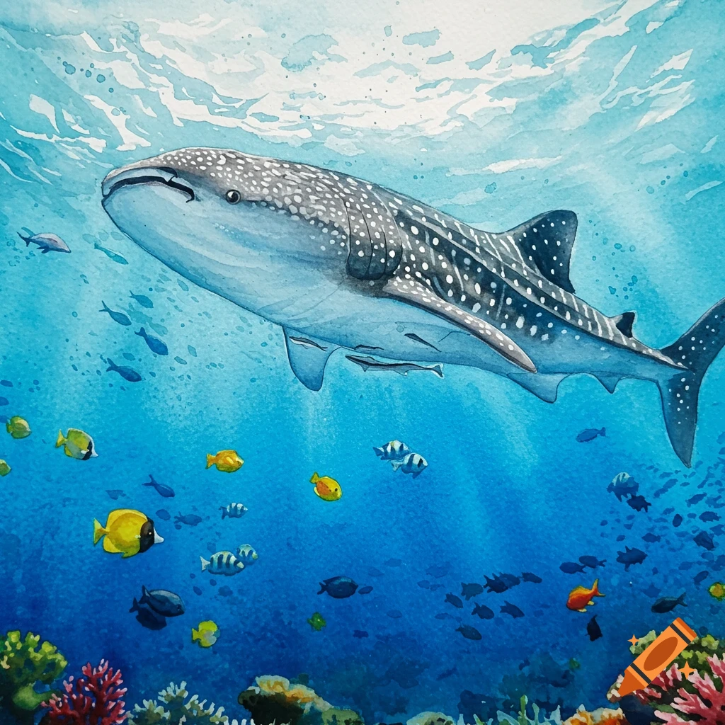 Watercolor painting of a large whale shark swimming in a blue ocean with tropical fish and coral reefs.