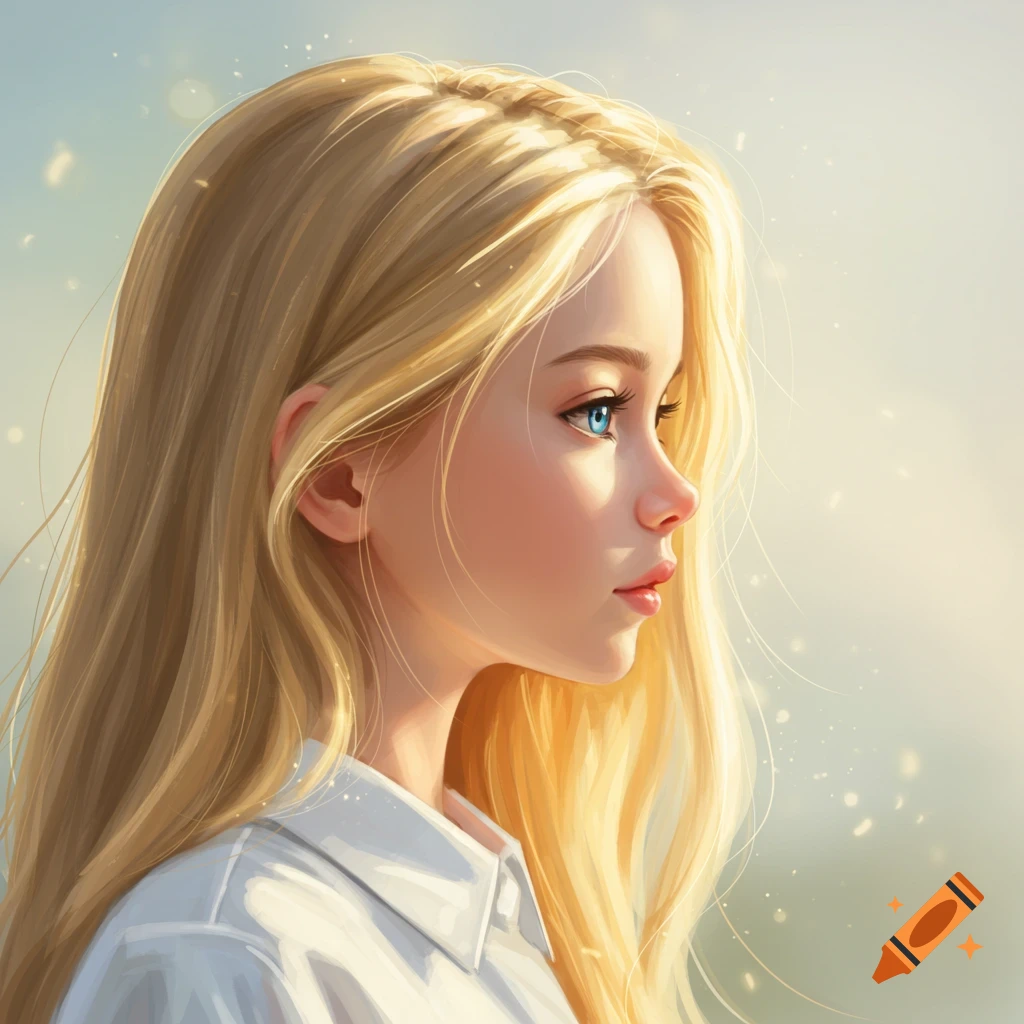Close-up profile of a blonde girl with bright blue eyes in a soft, anime-style digital painting, looking right.