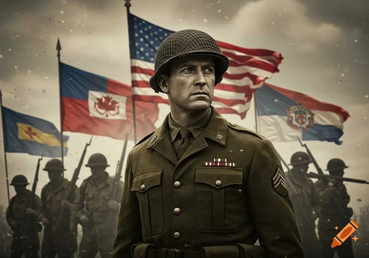A solemn WWII soldier in uniform and helmet stands in the foreground, with American, Canadian, and other flags waving behind him and blurred fellow soldiers.