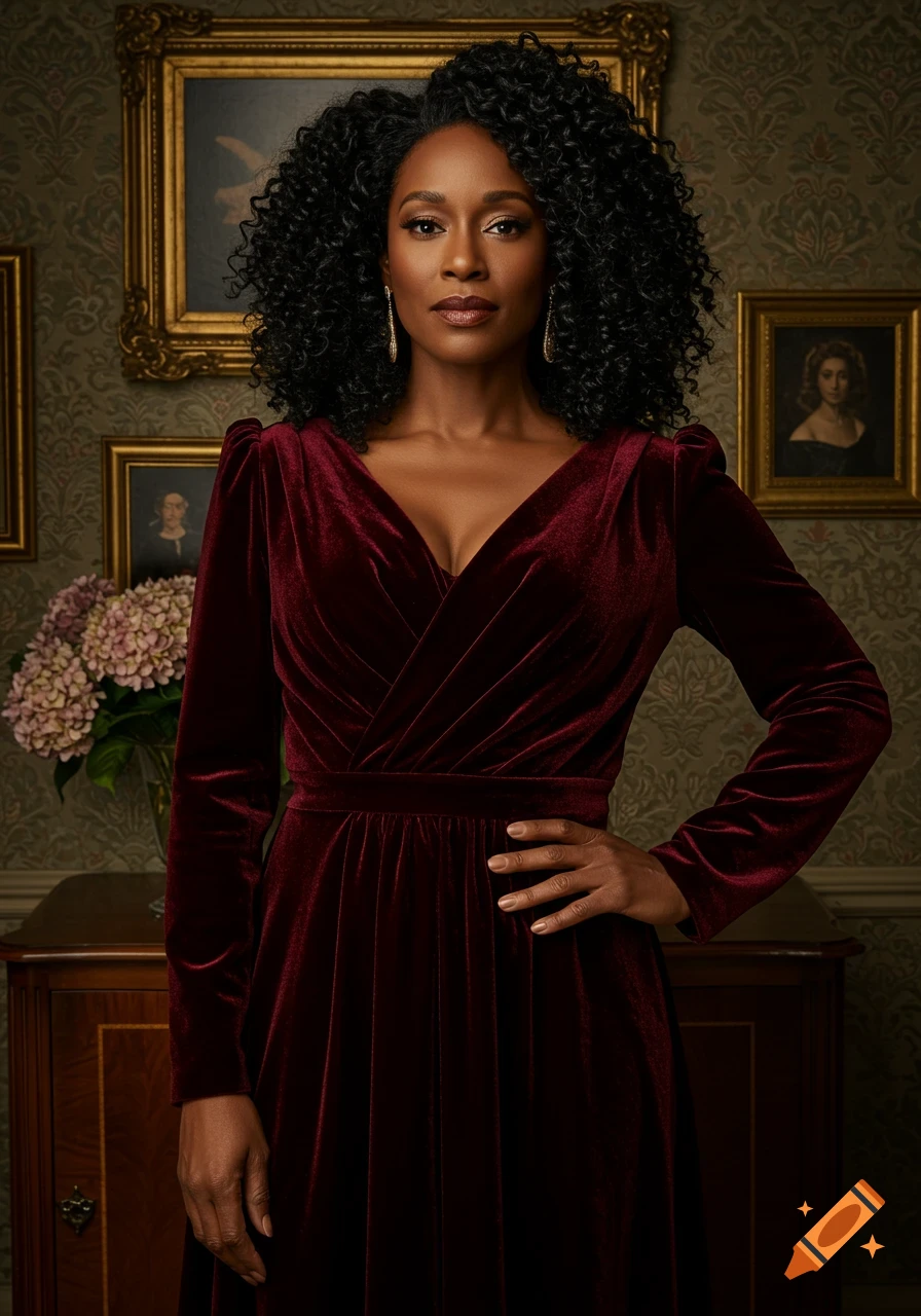A Black woman with curly hair in a dark red velvet dress stands in a room with framed portraits.