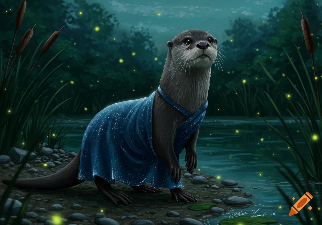A cute otter in a sparkling blue dress stands by a stream at night, illuminated by fireflies in a dark forest. Digital art.