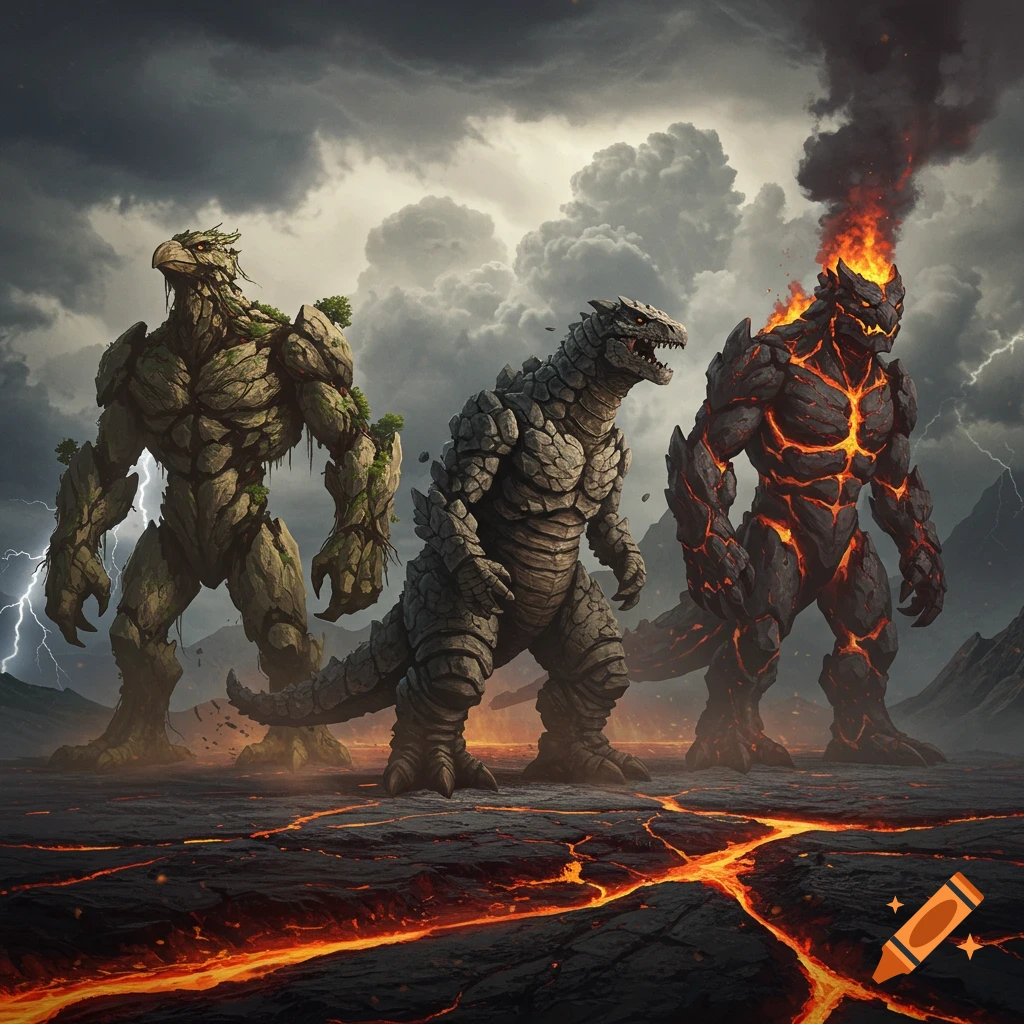 Three towering elemental monsters (tree, rock, lava) stand on a cracked, lava-strewn landscape under a stormy sky with lightning.