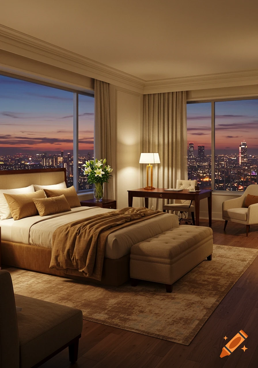 Luxurious hotel room with a bed, desk, and large windows overlooking a city skyline at dusk, photorealistic style.