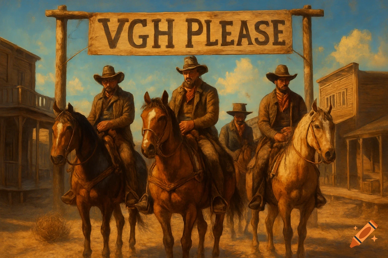 Four cowboys on horses under a wooden sign reading 'VGH PLEASE' in a dusty Old West town, in a painterly style.