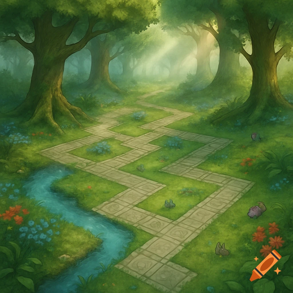 A lush, green forest with a winding, patterned stone path and a small stream, in a fantasy map art style.