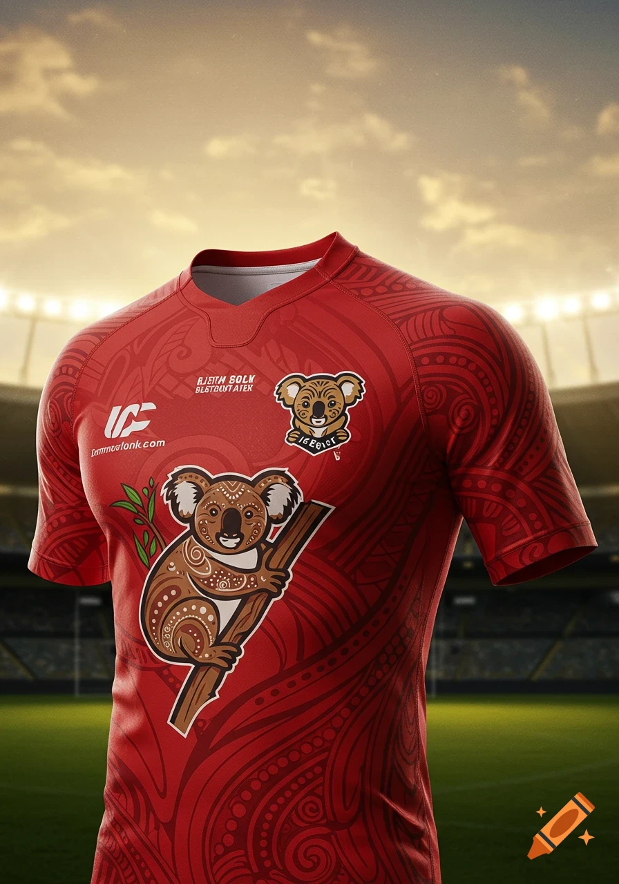 Red sports uniform with indigenous-style patterns and koala illustrations on a stadium background.