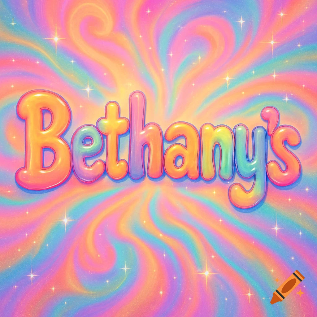 The word Bethany's in colorful, shiny bubble letters on a vibrant, swirling psychedelic background with sparkles.
