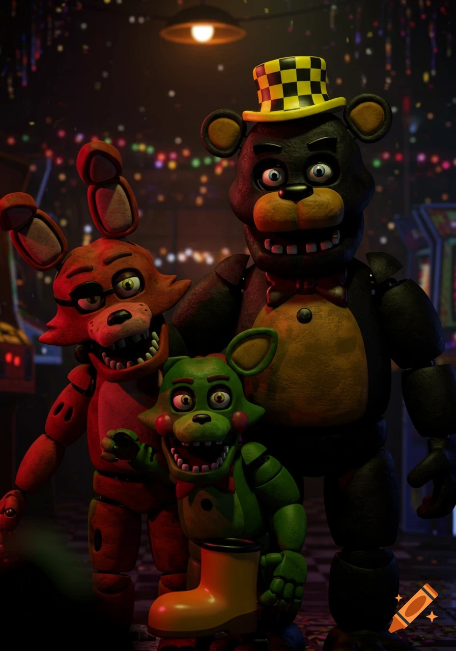 A black bear animatronic with a checkered yellow hat stands with a red fox animatronic and a green fox animatronic holding a yellow boot, in an arcade setting.