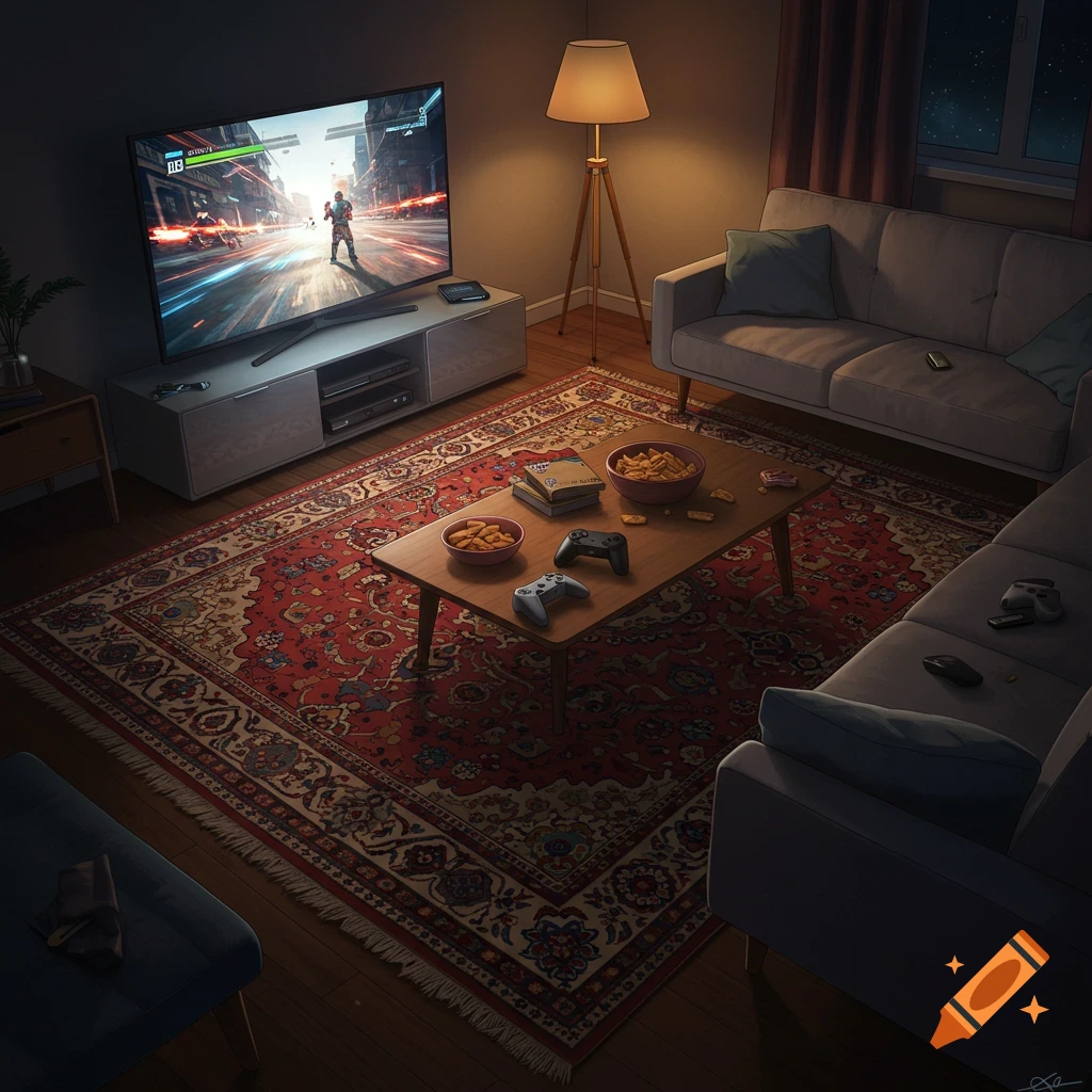 A cozy living room at night with a large TV displaying a video game, game controllers, and snacks on a coffee table, all set on a patterned red rug.