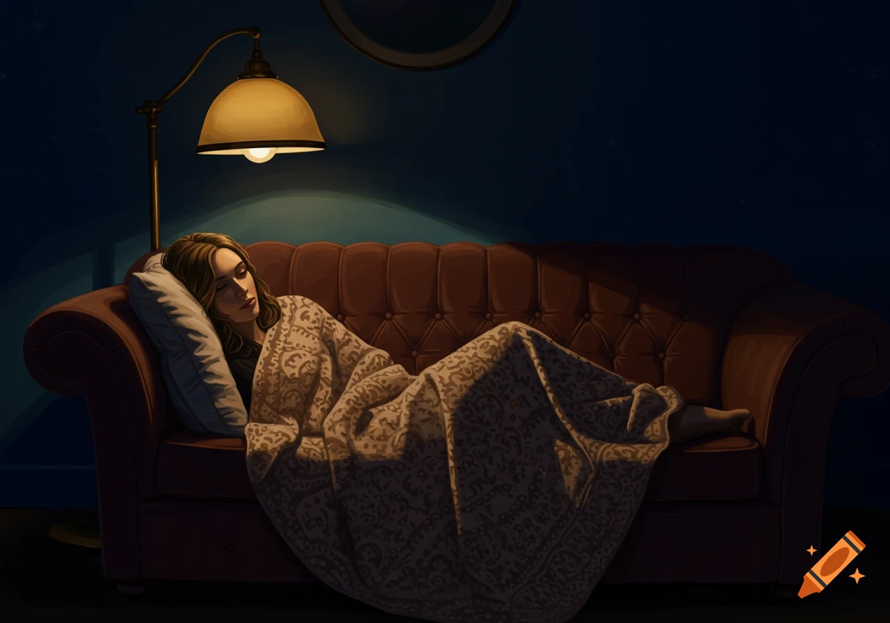 An illustration of a woman lying on a sofa under a blanket at night, illuminated by a floor lamp.