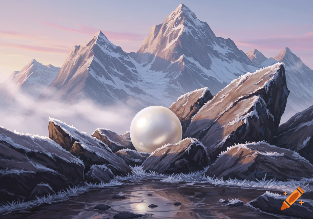 A luminous white pearl rests among snow-dusted rocks in a misty mountain landscape at sunrise, in a painterly style.
