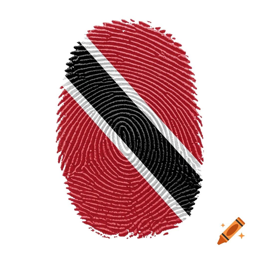 A fingerprint outline filled with the red, white, and black national flag of Trinidad and Tobago.