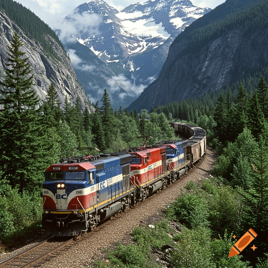 A blue and red BC Rail locomotive pulls a coal train through a lush green mountain valley with snow-capped peaks in the background.
